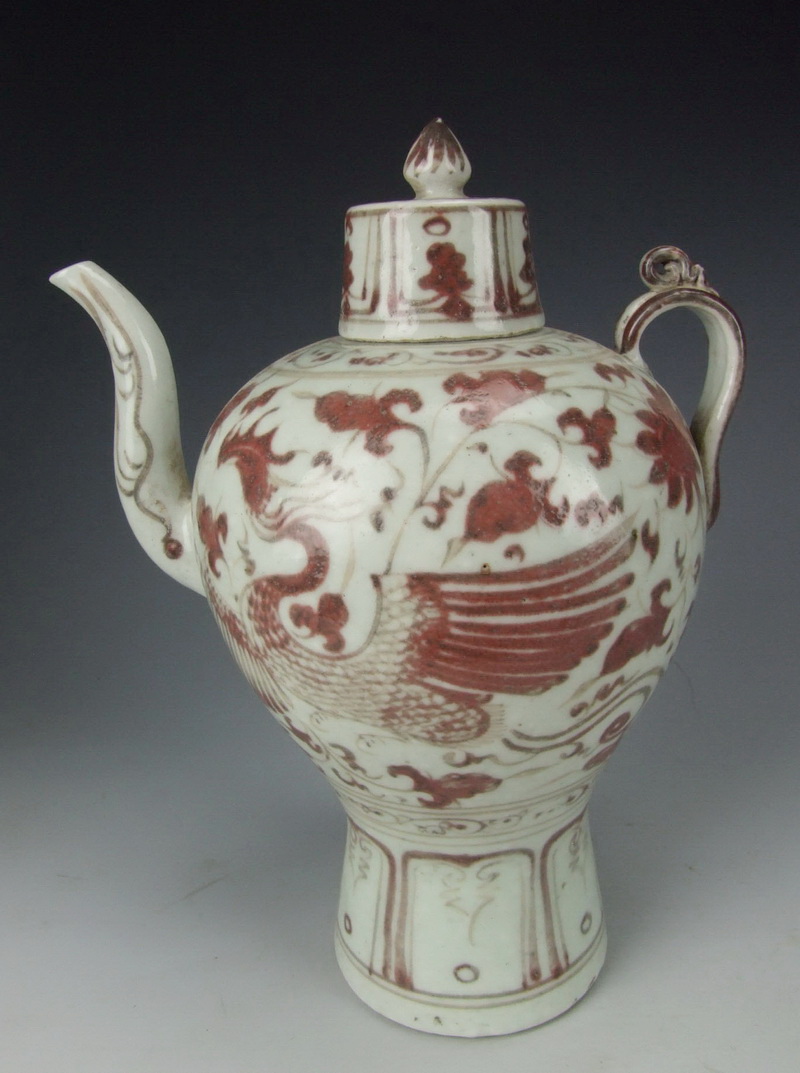 Chinese Antique Red Under-Glaze Porcelain Wine Pot with 